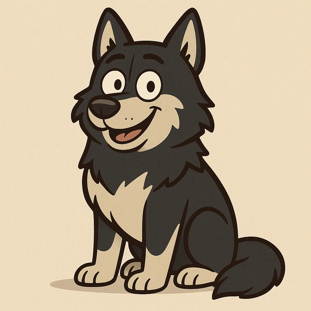 a black husky dog, cartoon style, sitting, friendly expression emoji