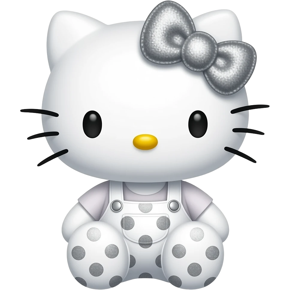 hello kitty sitting wearing white overalls with silver glittery polka dots and a silver glittery bow emoji