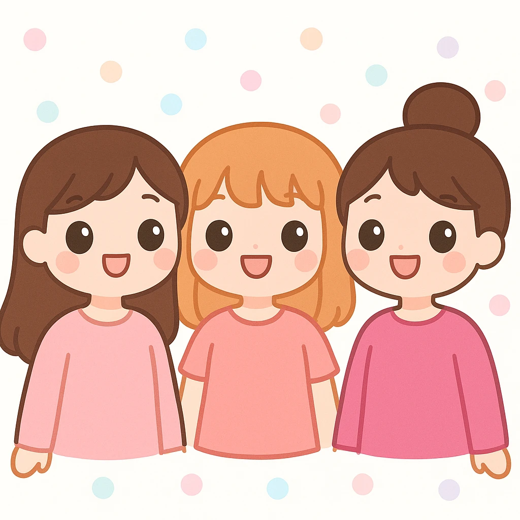 three girl best friends, cute cartoon style, top half of their bodies, different shades of pink clothing, smiling, happy vibe emoji