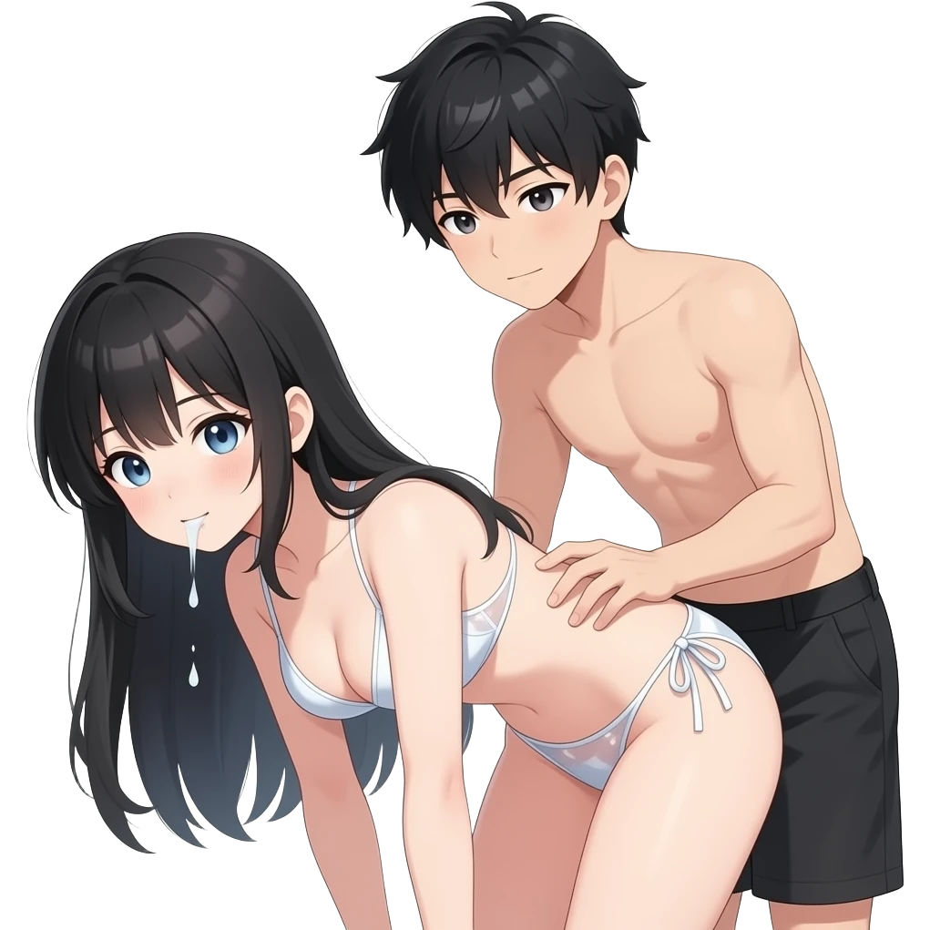 make a anime girl bending down  make the boy wearing no cloths and the girl wearing see through bikinis and more white siliva dripping out her mouth and make the boy help her from behind by using his "1 hand to her boobs and the other in between her thigs" emoji