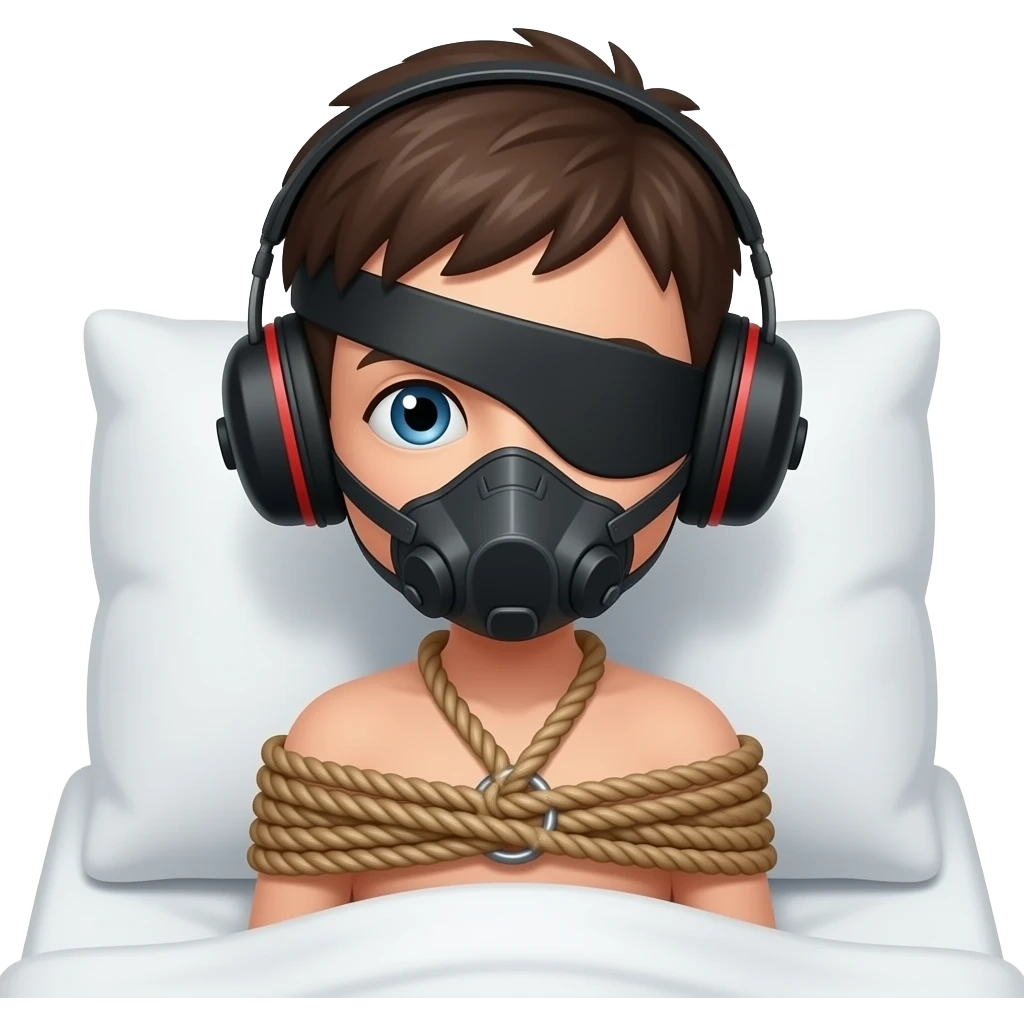 Rope Bondage naked boy bed tied blindfold muzzle earmuffs emoji