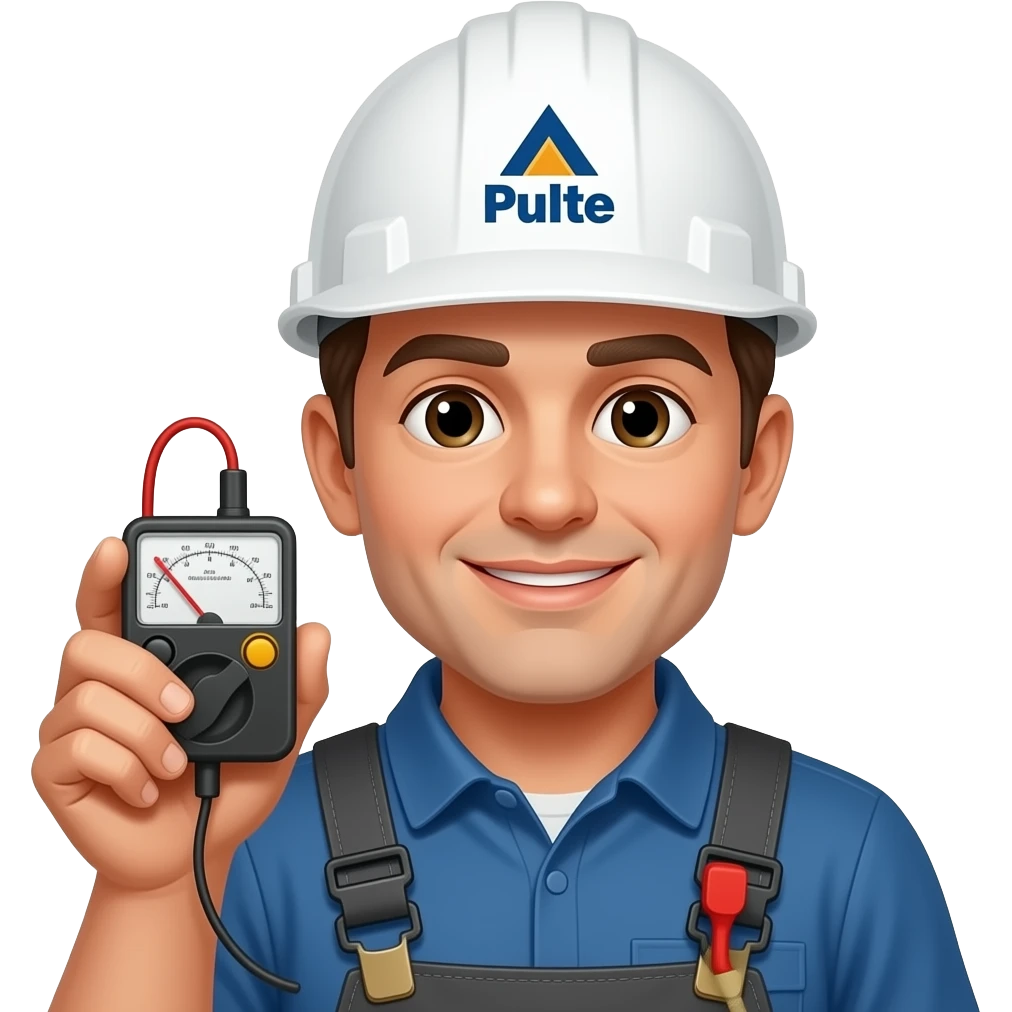 Electrician with meter and Pulte on his hard hat emoji