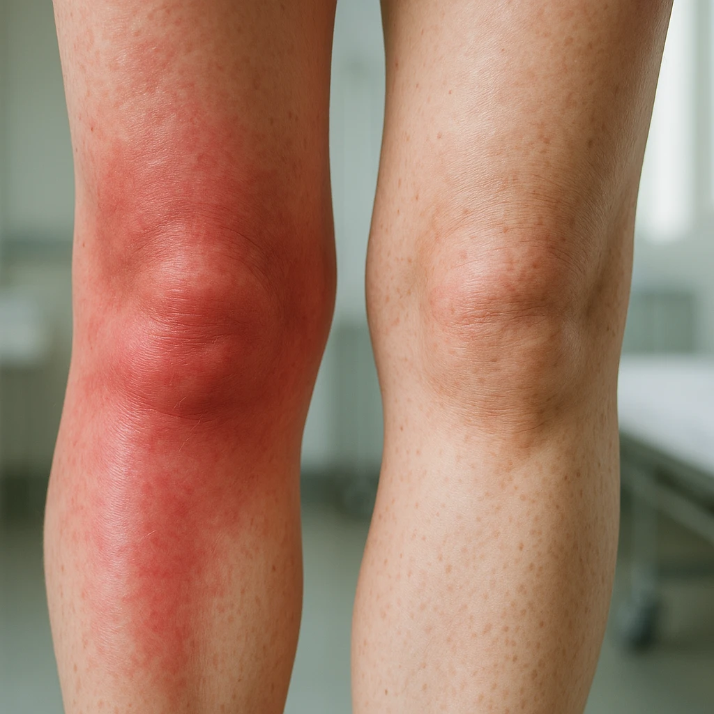 Hyperrealistic human legs in the phase of disinflamation, skin with redness and swelling decreasing, areas gradually transitioning from red to normal, clinical atmosphere, natural light, 4K details. Variant 4, focus on transition areas. emoji