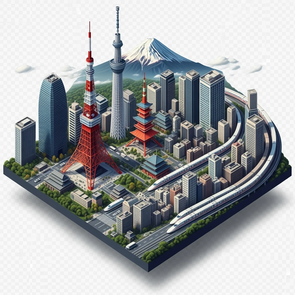 Isometric illustration of Tokyo, with photorealistic detailed miniature cityscape included Tokyo Tower, Skytree, Shibuya Crossing, Mount Fuji in background, high-speed trains, subtle 3D miniature effect and Tilt Shift effect, no cartoonish look, transparent background. emoji