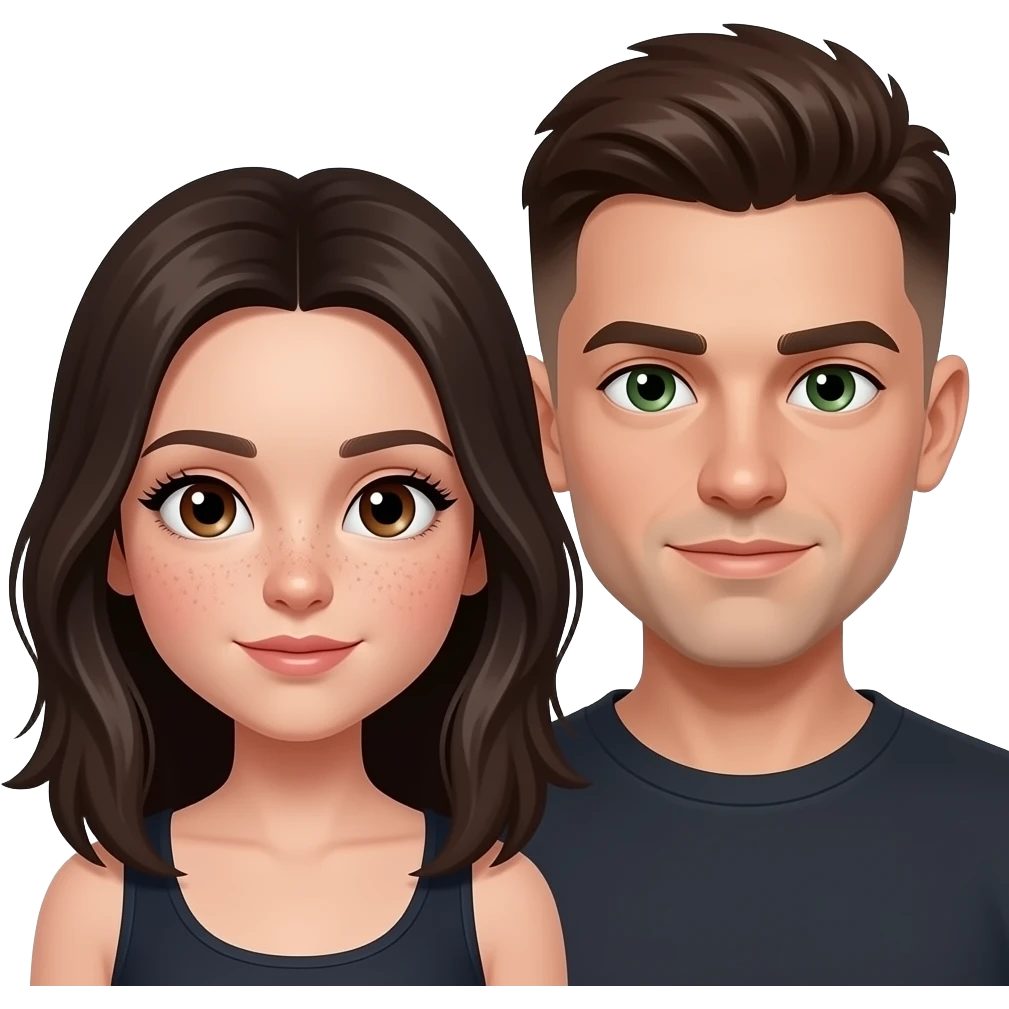 girl with brown eyes, a lot of freckles,pale skin, long full lashes and dark hair with a lover with dark green eyes, buzz cut brunette guy emoji