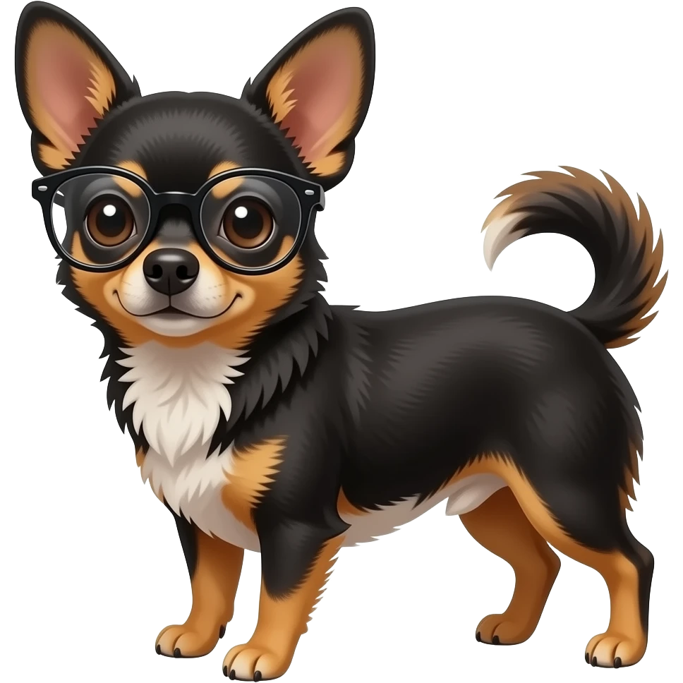 yo mujer blanca con lentes y cabello castaño oscuro y chihuahua bkanca con manchas cafés emoji