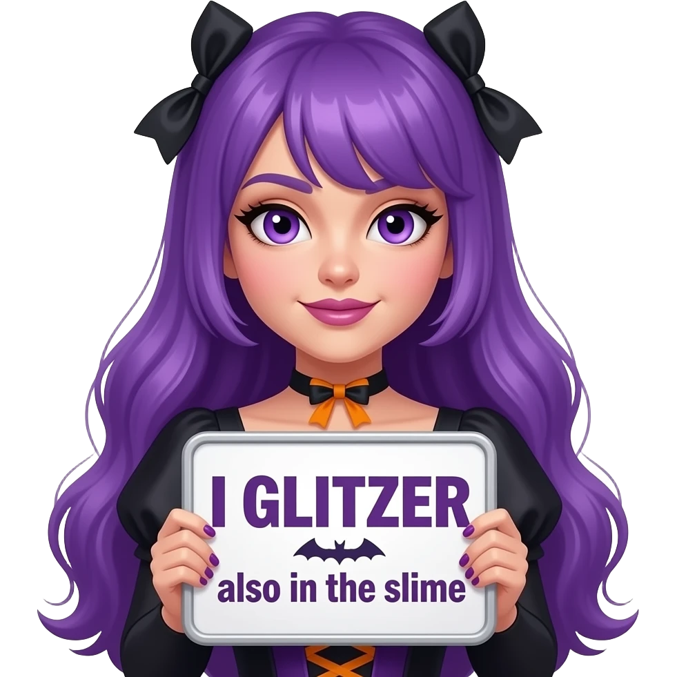 sexy girl with long purple hair and purple eyes wearing a halloween dress holding a ICH GLITZER auch im SCHLAMM sign emoji