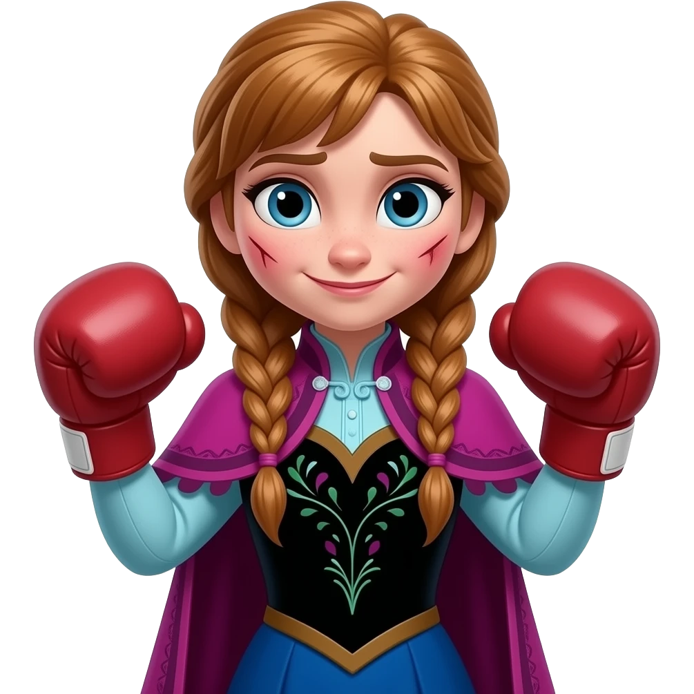 female breast boxing, brown two braided haired female anna arendelle, from disney frozen, have bruised emoji
