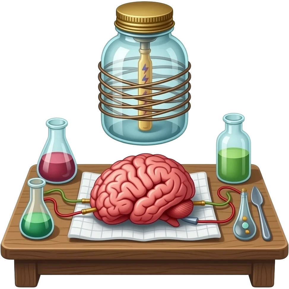 steampunk victorian style - a brain placed in medical preparations that is connected to an electrical circuit, a glass jar wrapped in high-voltage wires floats above the autopsy table emoji