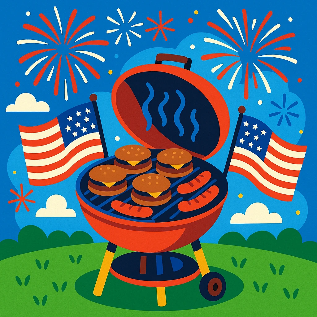 barbecue grill with burgers and hot dogs, 4th of July, summer, cheerful emoji