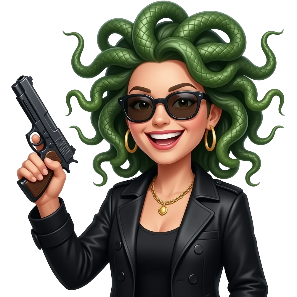 Laughing beautiful female Medusa in black coat with sunglasses holding gun emoji