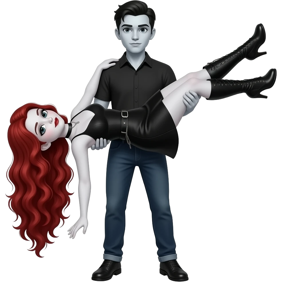 Vampiro femmina ADOLESCENTE con pelle bianca e capelli rosso ondulati lunghi che indossa un vestito corto nero e degli stivali lunghi neri con tacco che fa' l' HORIZONTAL LIFT con il suo fidanzato FIDANZATO con la pelle bianca che  con le braccia emoji