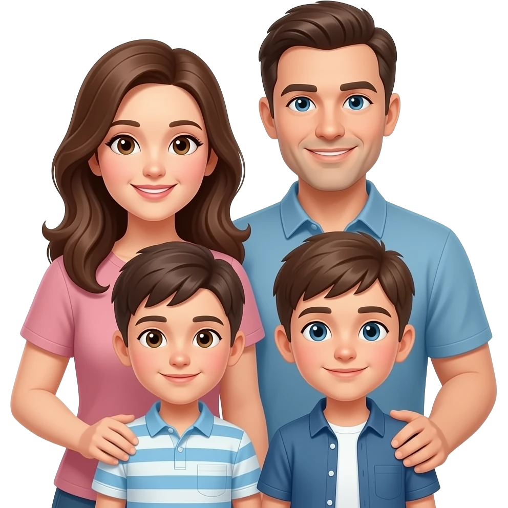 Family emoji of brunette mom, dad and 2 teen boys emoji