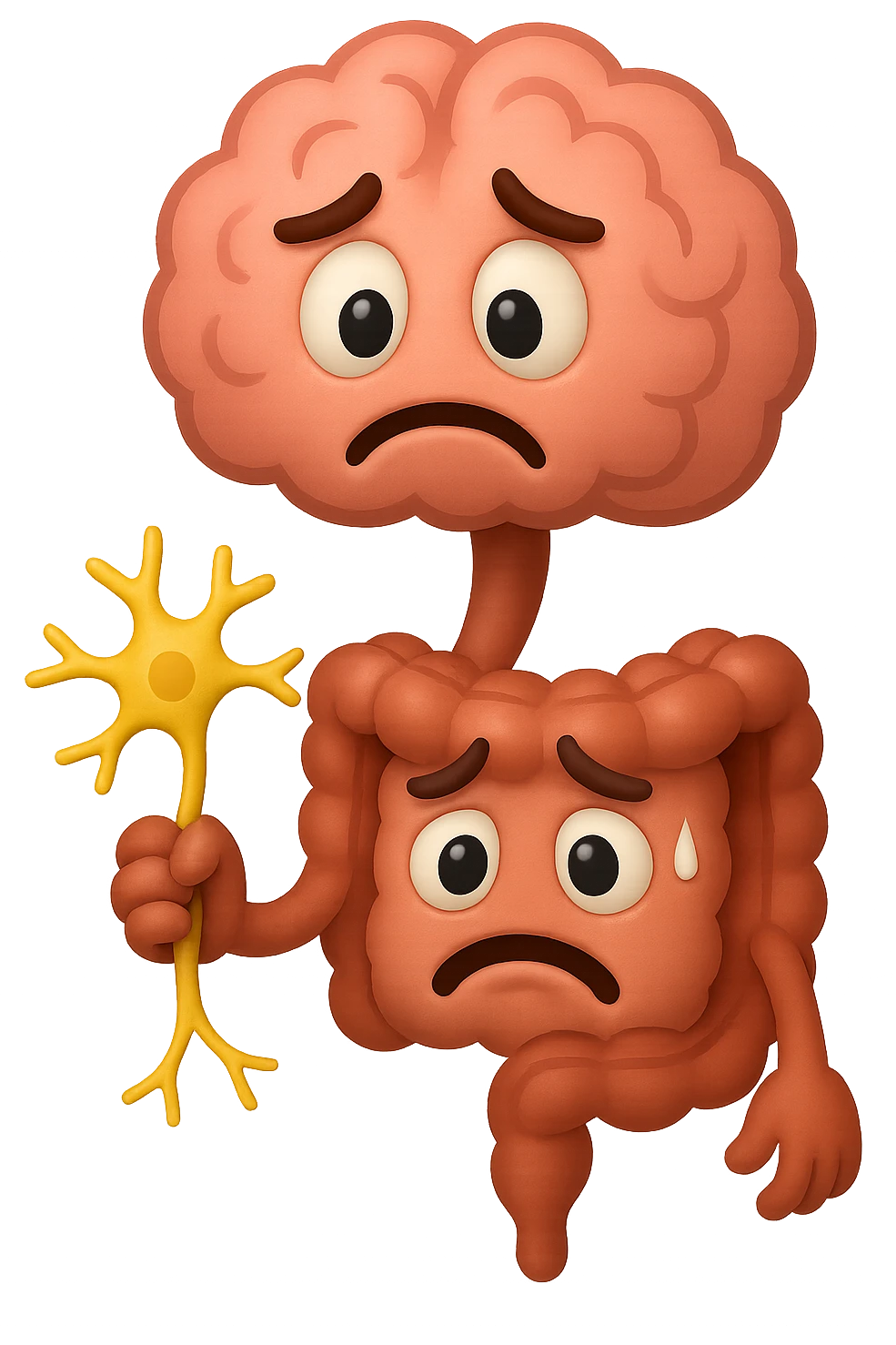 EMOJI STILE IPHONE DI UN INTESTINO collegato verticalmente ad un cervello mentre tiene in mano un neurone, espressione stressata, IPERREALISTICO 4K emoji