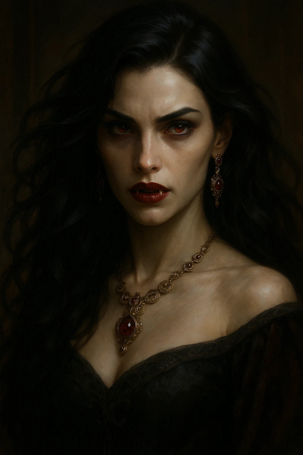 vampire girl, realistic fantasy style, dramatic lighting, flowing black hair, crimson lips, ornate jewelry, intense gaze emoji