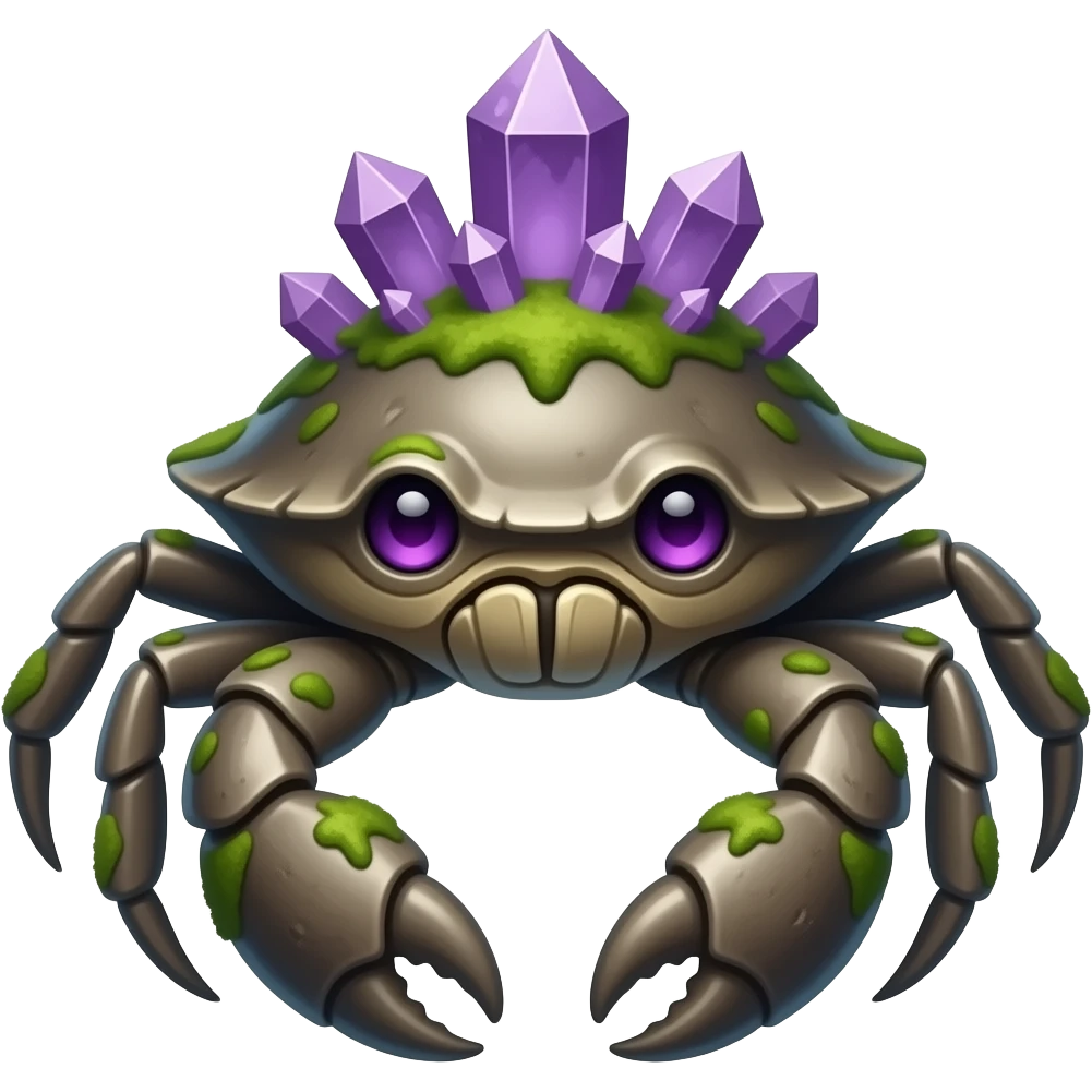 A big Gray crab with moss on its back in with purple crystals on its back and also with purple eyes facing forward emoji