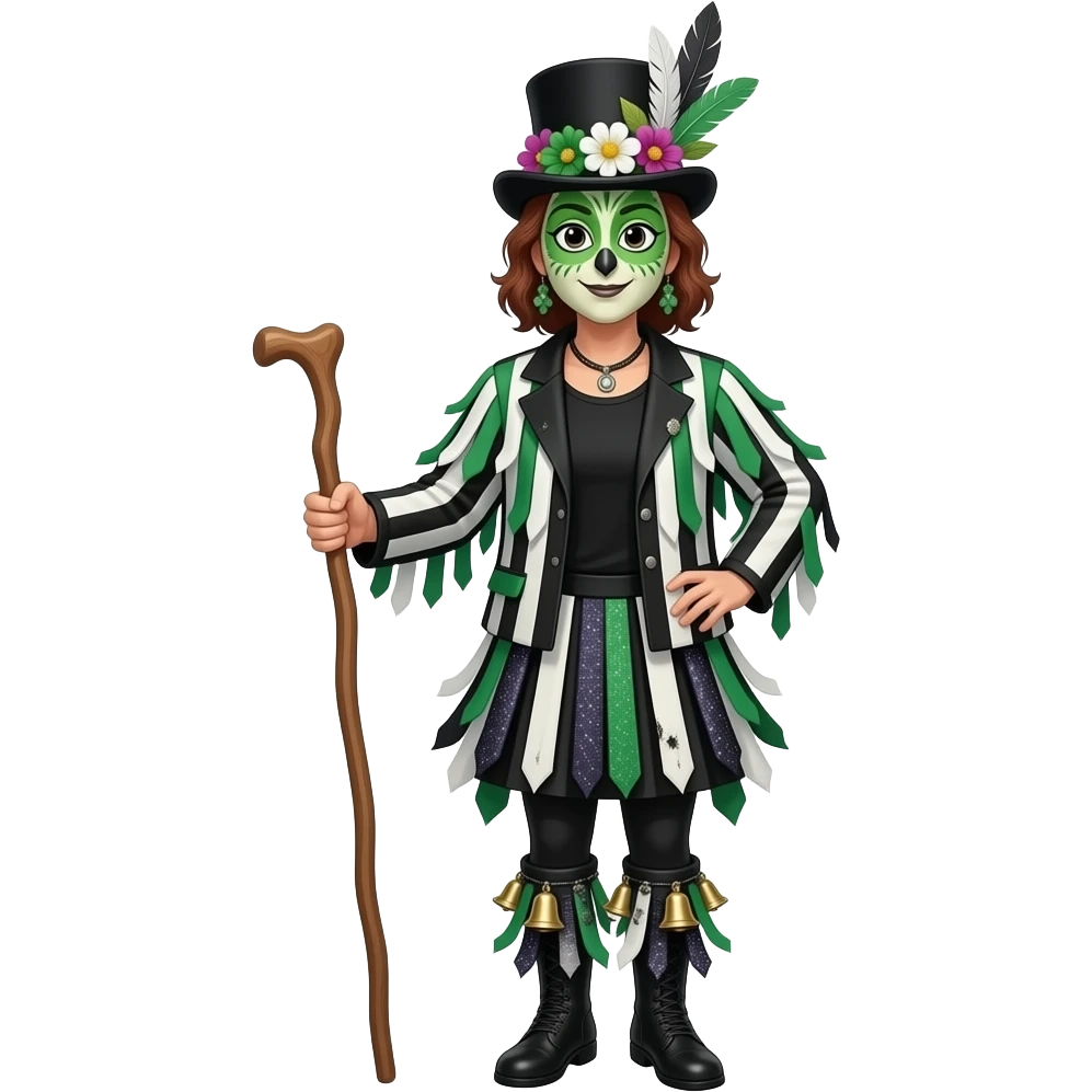A Female Morris dancers carrying a stick with a ragged jacket in black white and green stripes with the occasional piece of sparkly fabric. A black tshirt. A top hat decorated with lots of feathers flowers and green face paint that looks like an owl.back t shirt. Bells below the knees emoji