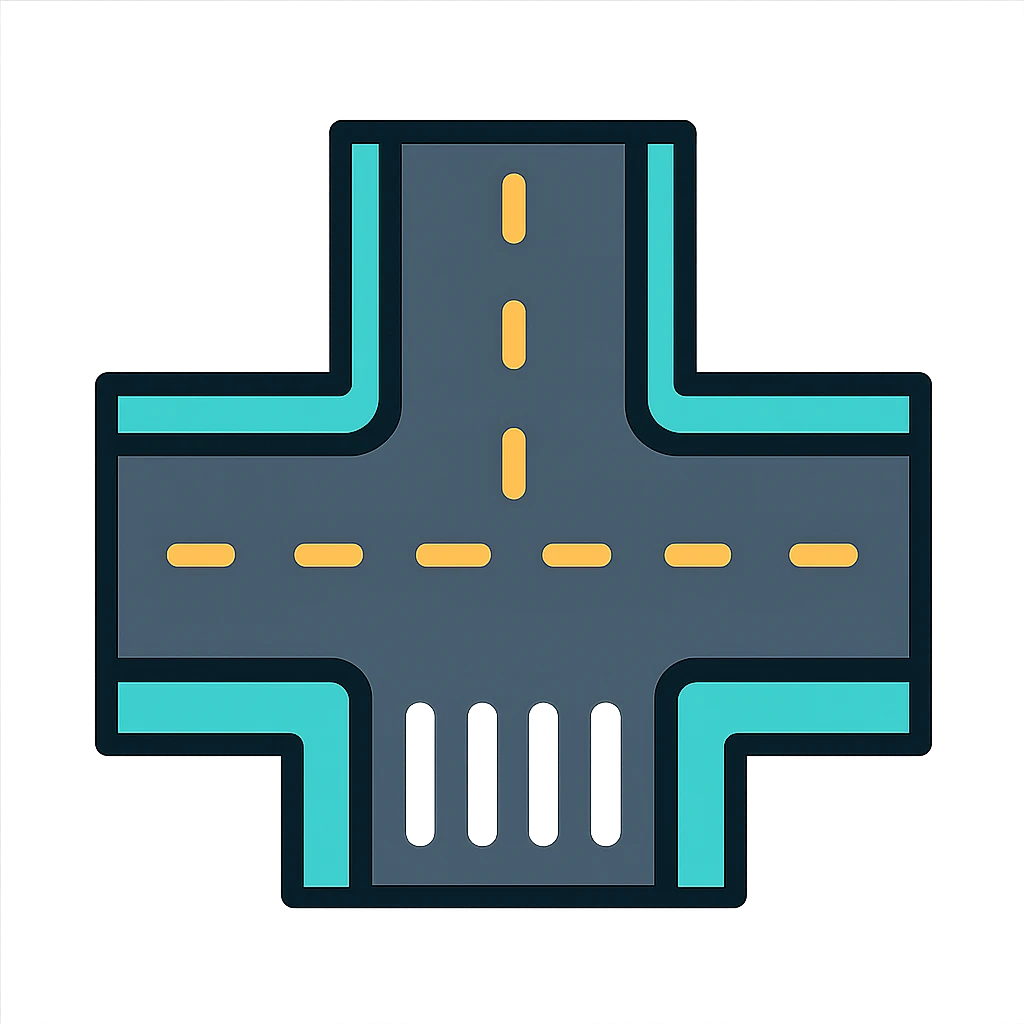 stylized T-shaped road, top-down view, with sidewalks and crosswalks, minimal background emoji