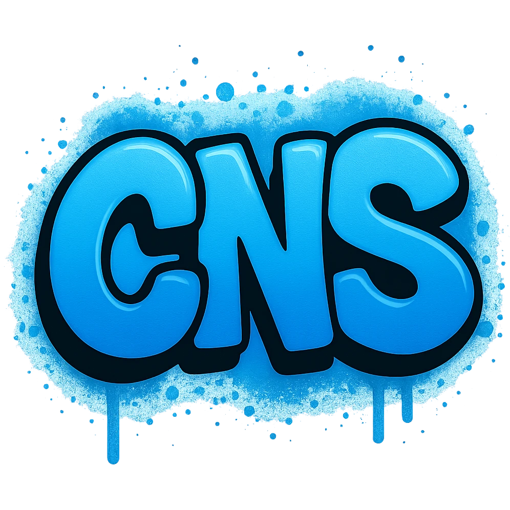 Сделай голубое граффити с надписью "CNS" в стиле emoji iOS без фона emoji