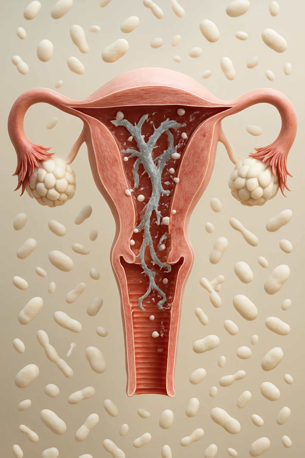 utero umano realistico con batteri della candida intorno, la foto si deve vedere per intero in formato verticale, sfondo neutro chiaro, iperrealistico 4k emoji