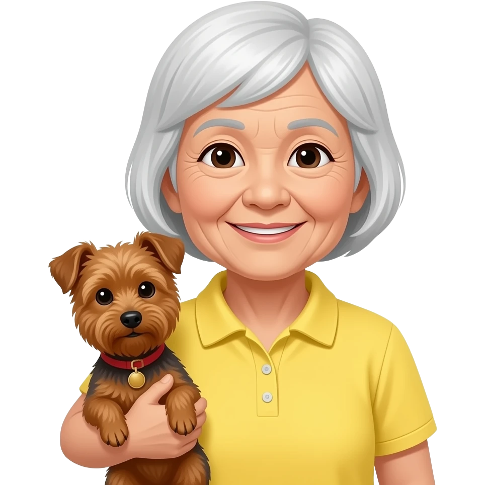 Asian grandma wearing yellow polo shirt with short white hair carrying brown terrier emoji