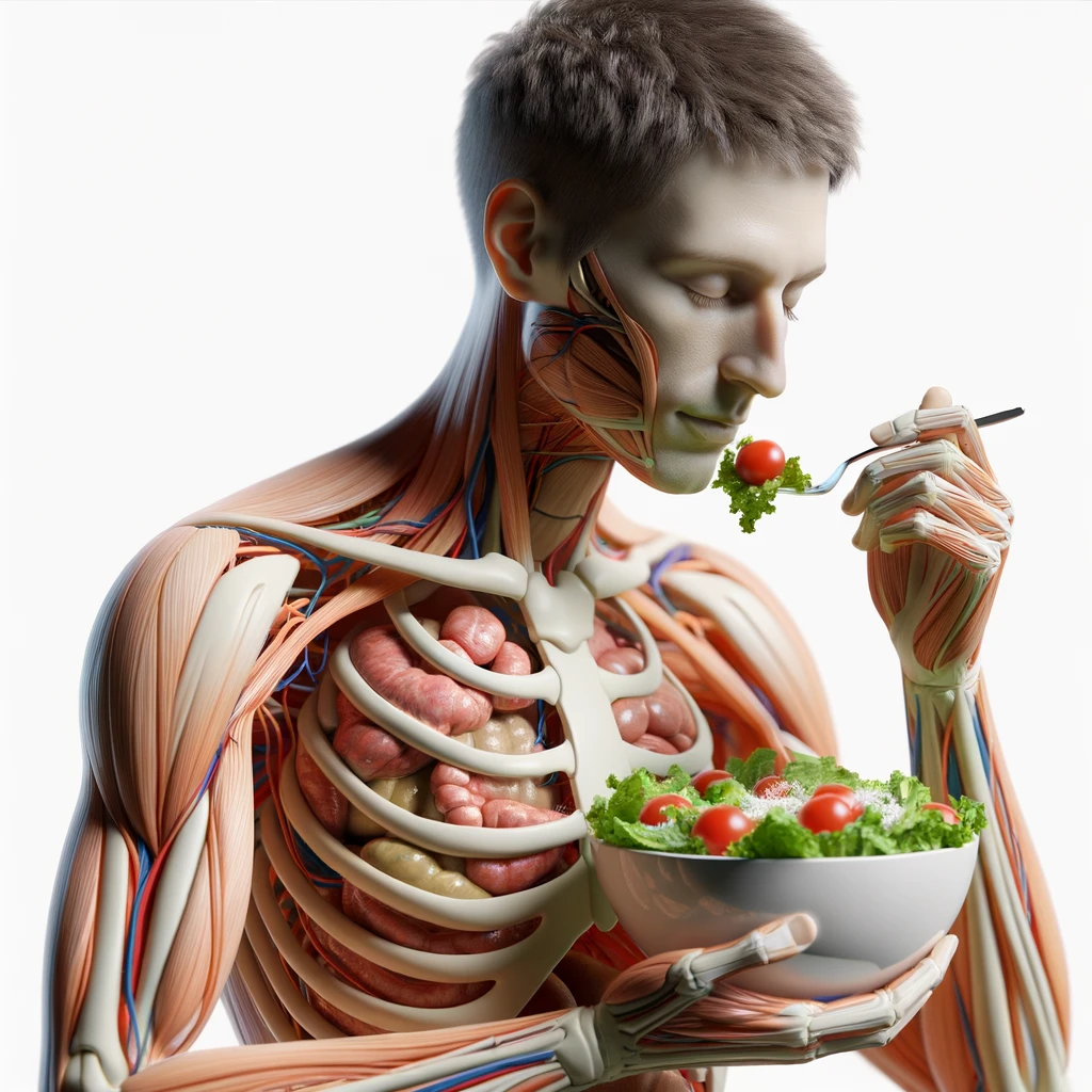 corpo umano anatomico con capelli corti che mangia un insalata con espressione serena in volto, organi sani in evidenza, iperrealistica 4k, isolato su sfondo bianco emoji