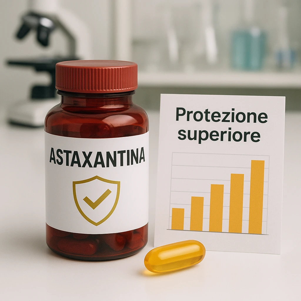 hyper realistic Astaxantina with shield symbol, orange and golden capsule, red bottle, bar chart, text 'Protezione superiore', clinical atmosphere, realistic details emoji