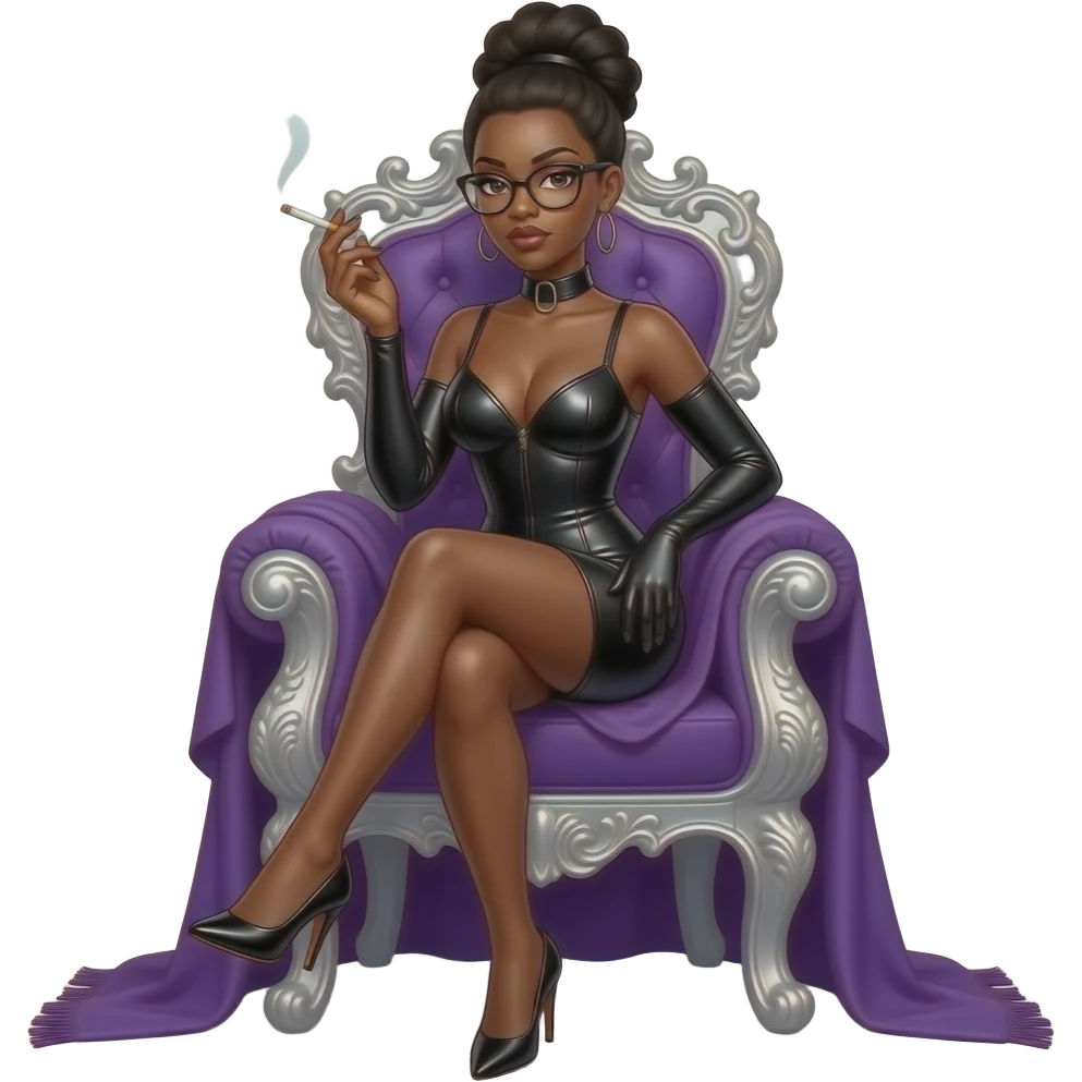 femme africaine peau tres noire mince visage fin  lunettes 45ans dominatrice  assise sur un trone baroque en argent sur une couverture violette vetue d'une tobe latex jambes nue talons aiguille cigarette a la main coiffure africaine mais pas en boule emoji