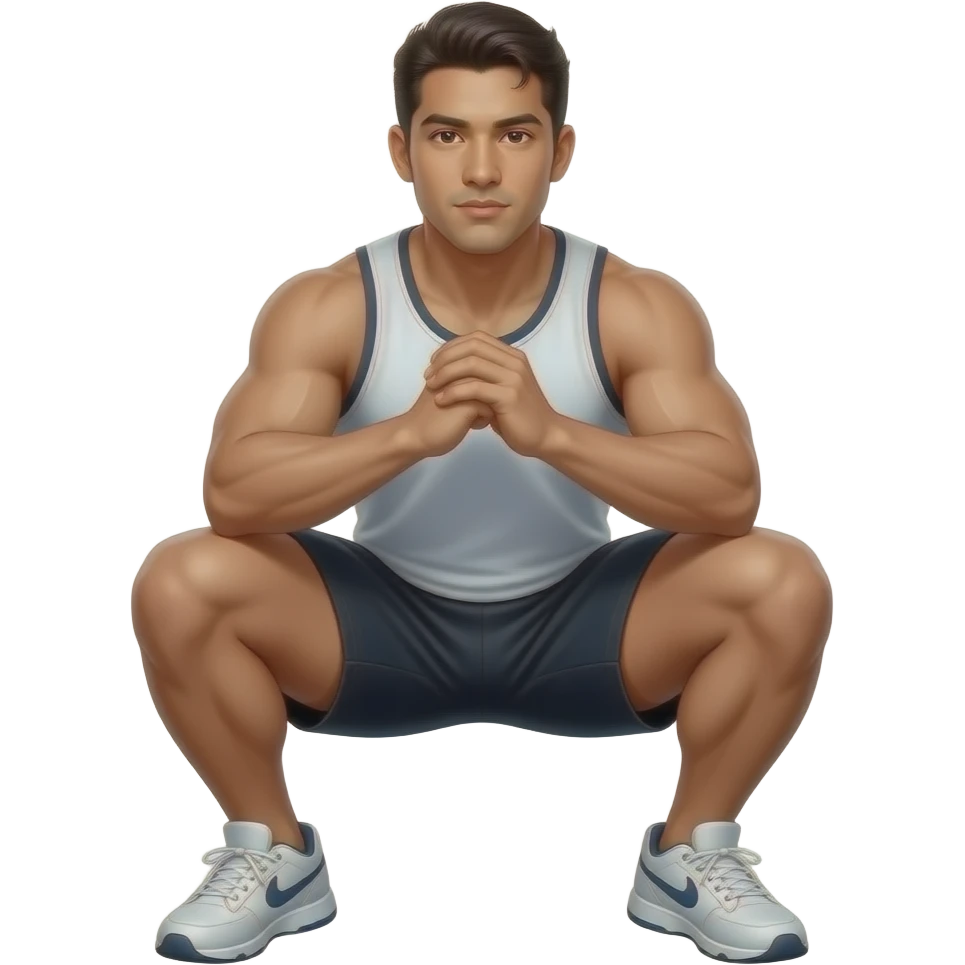 hyper-realistic Latino fitness model squatting emoji