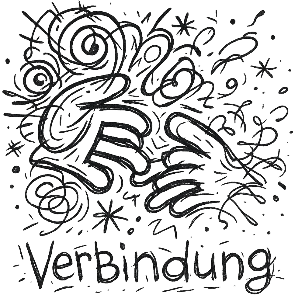 Add the text 'Verbindung' below the icon in a chaotically drawn style with loose lines, on a transparent background. emoji