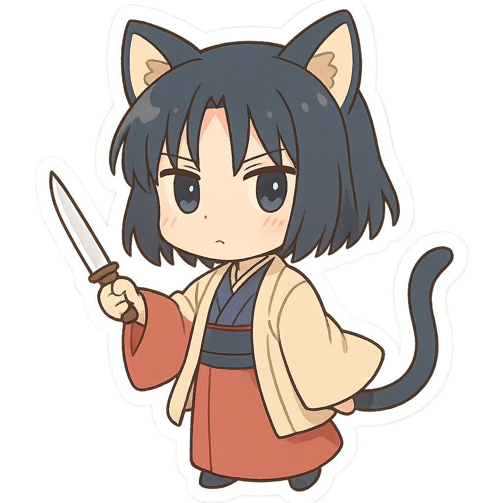 Ryougi Shiki as a chibi, wearing cat ears and tail, holding a knife, with her signature kimono and short hair emoji