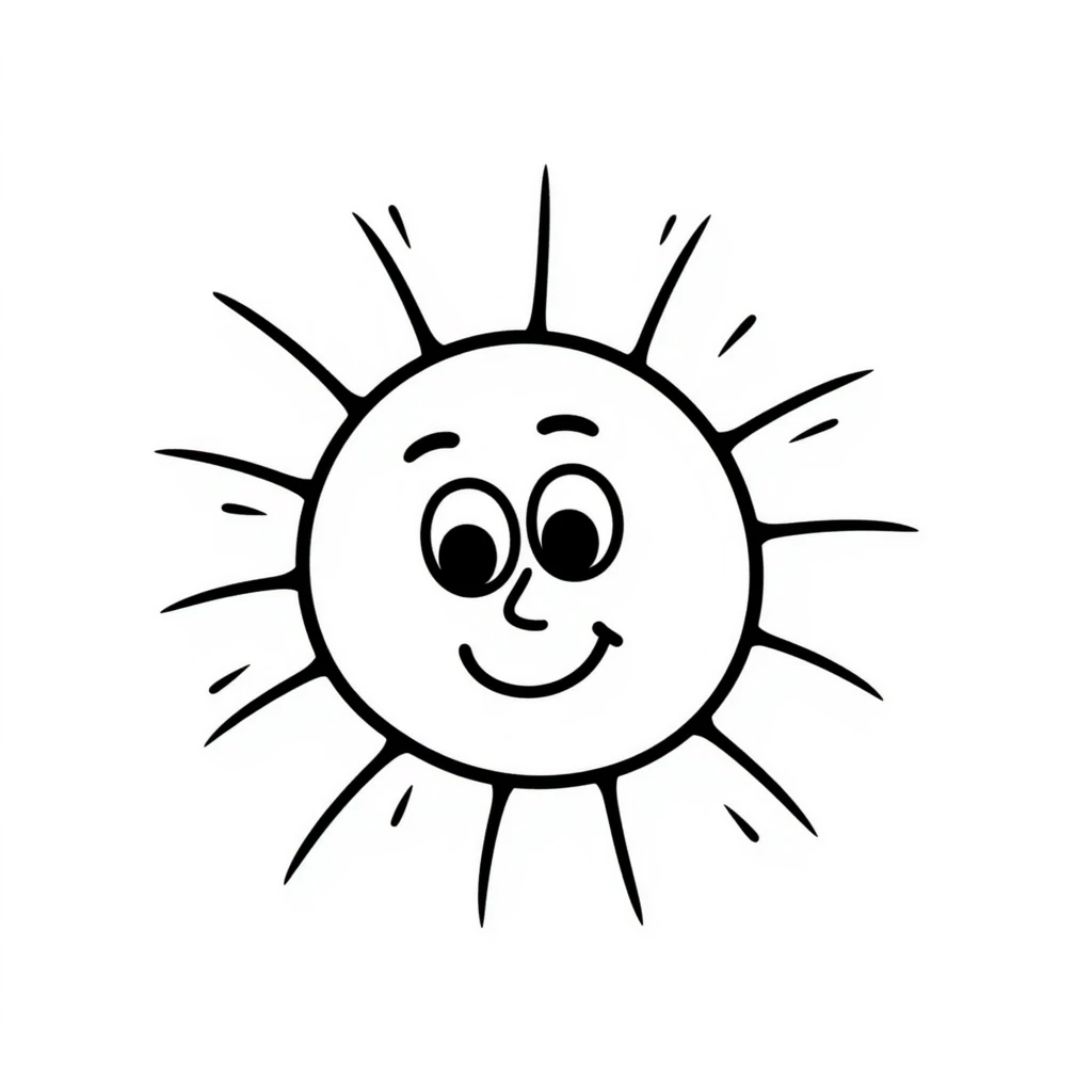 hand-drawn doodle of a smiling sun with rays, black ink, Notion style emoji