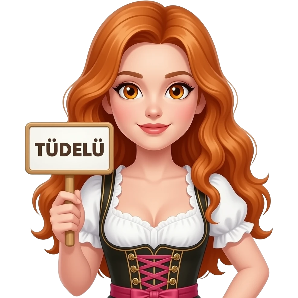 sexy girl with overlong ginger hair and ginger eyes wearing a dirndl holding TÜDELÜ sign emoji