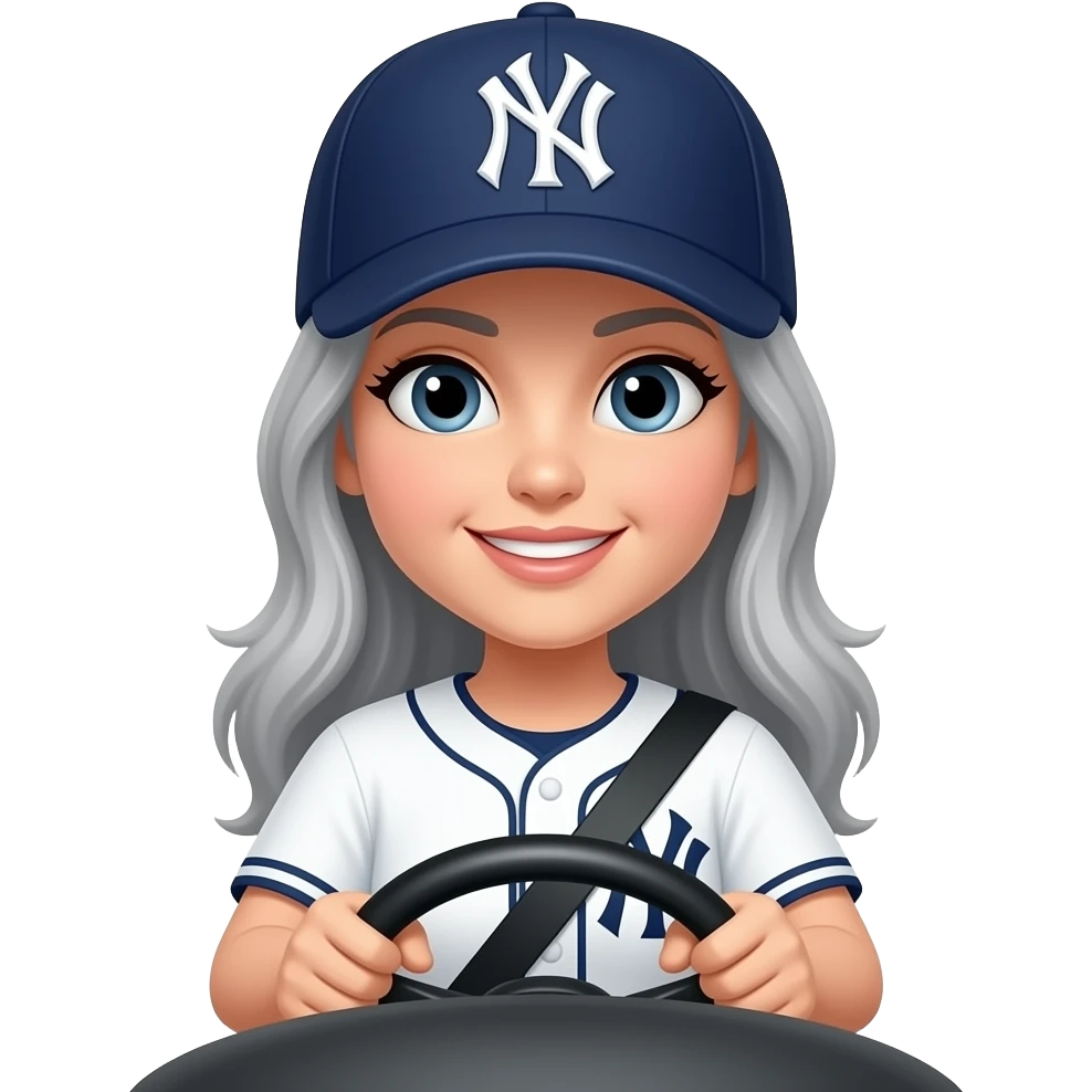 Female gray hair ny yankee with ny yankee hat driving emoji