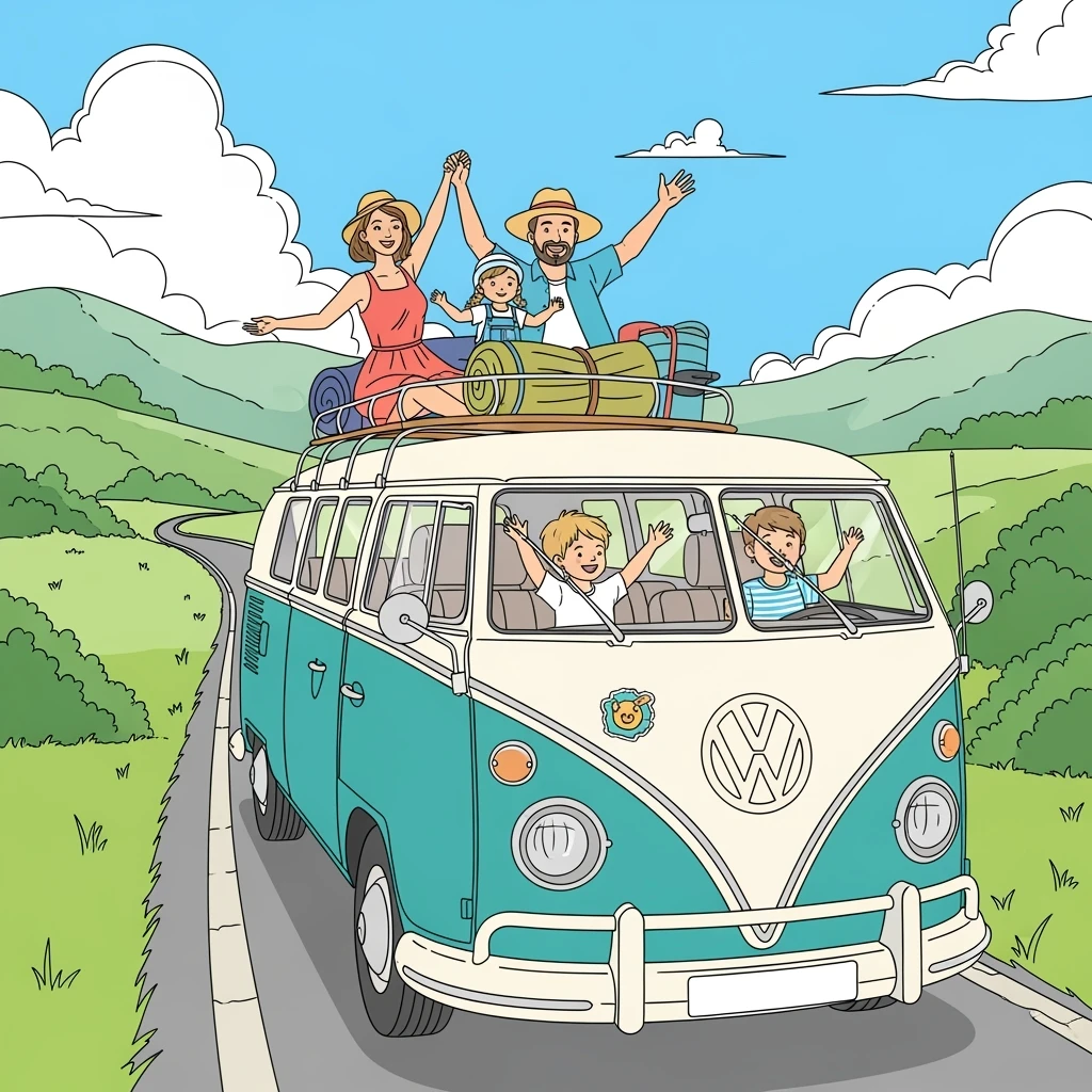 color vector art with thin outline of family on road trip with volkwagon van emoji