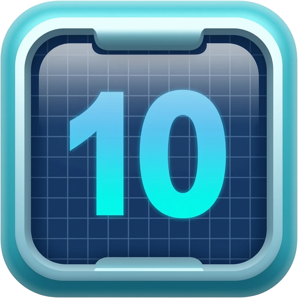 Futuristic calendar emoji. Bold number 10 in sky blue + sea turquoise gradient. Dark blue grid, deep blue background, starlight. Dots in coastal grey and sky white. Sea turquoise border. iOS style. emoji