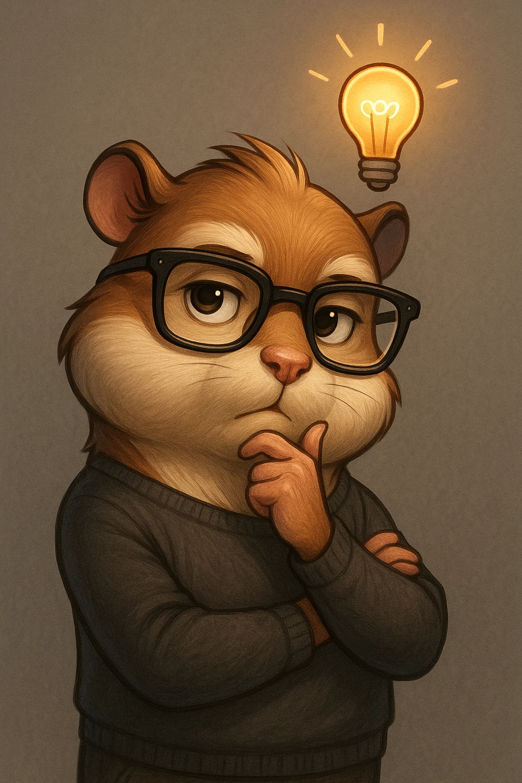 a detailed cartoon hamster in a thoughtful pose, stylish glasses, glowing idea bulb, mature and modern look emoji