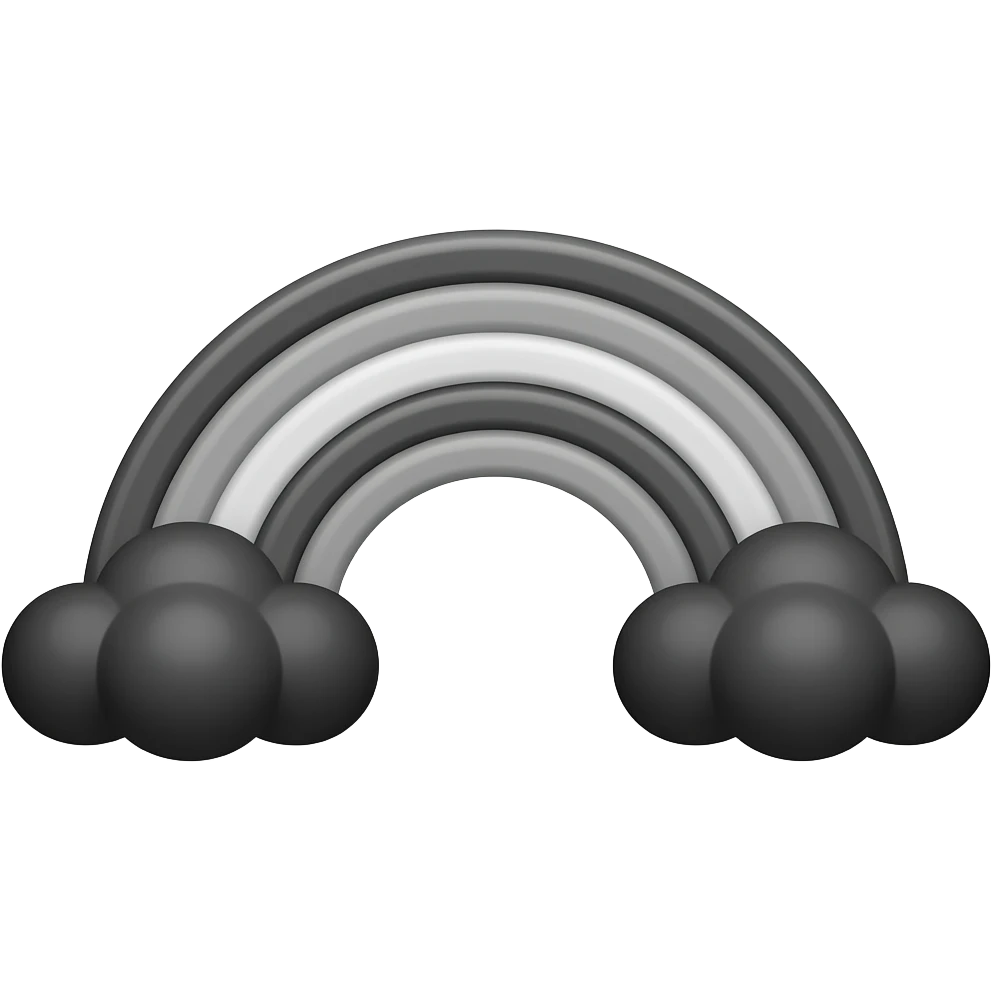 Rainbow emoji but entirely grayscale, with black clouds on both ends of the rainbow emoji