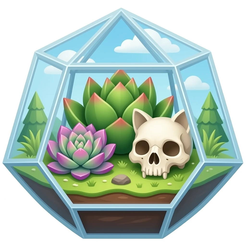 succulent geometrical terrarium with amethyst cluster and cat skull inside emoji