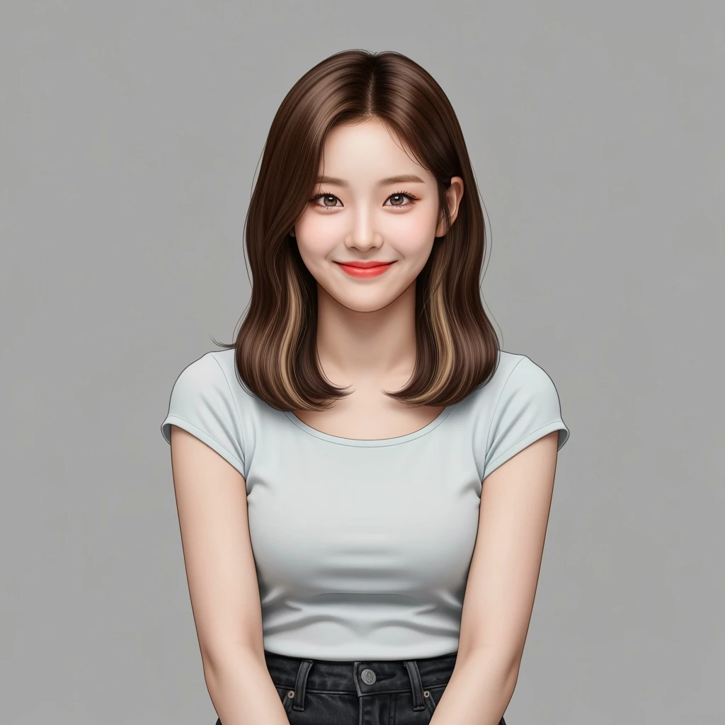 kpop girl with brown hair, cute, expressive, minimal emoji