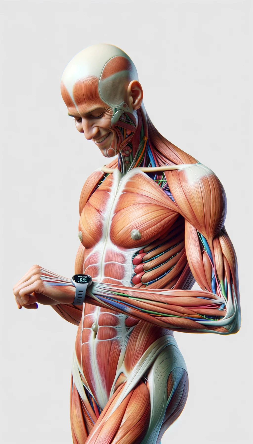 corpo umano anatomico sereno e felice che cammina mentre osserva il suo orologio contapassi, colori realistici del corpo, espressione soddisfatta, iperrealistica 4k, isolato su sfondo bianco emoji