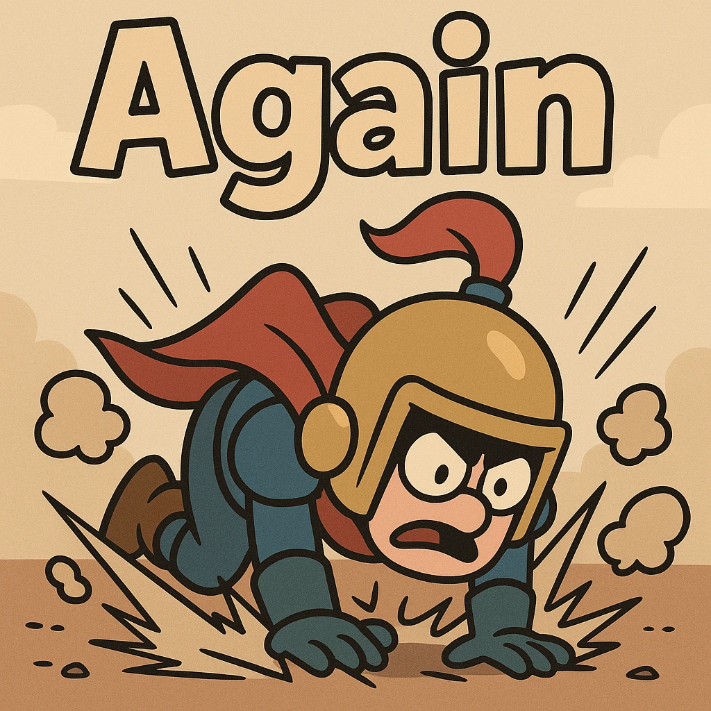 Jump King crashing onto the ground, dust and impact lines, with 'Again' in large, playful font above emoji