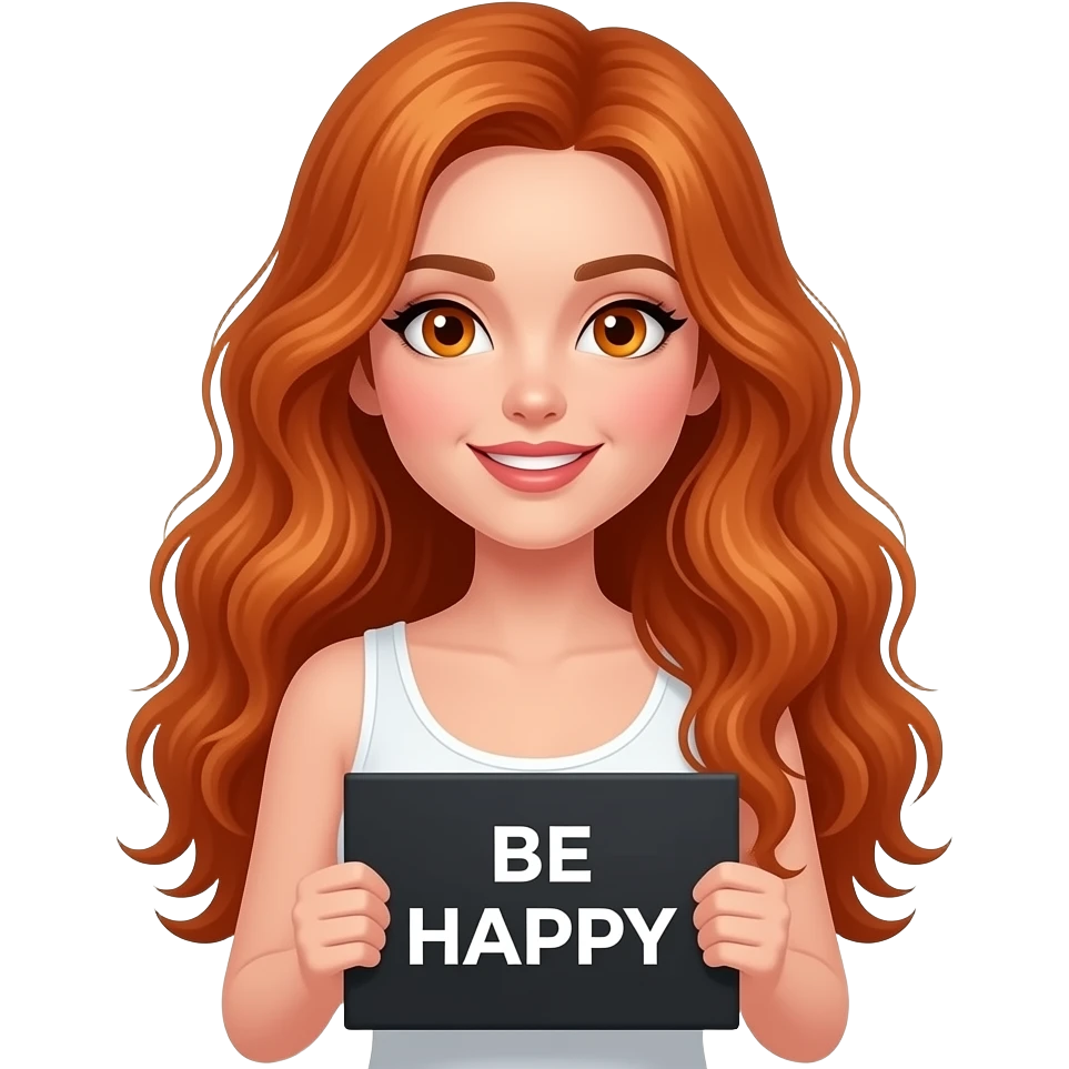 sexy girl with long wavy ginger hair and ginger eyes wearing a white tanktop is holding a black colored sign with BE HAPPY written on it emoji