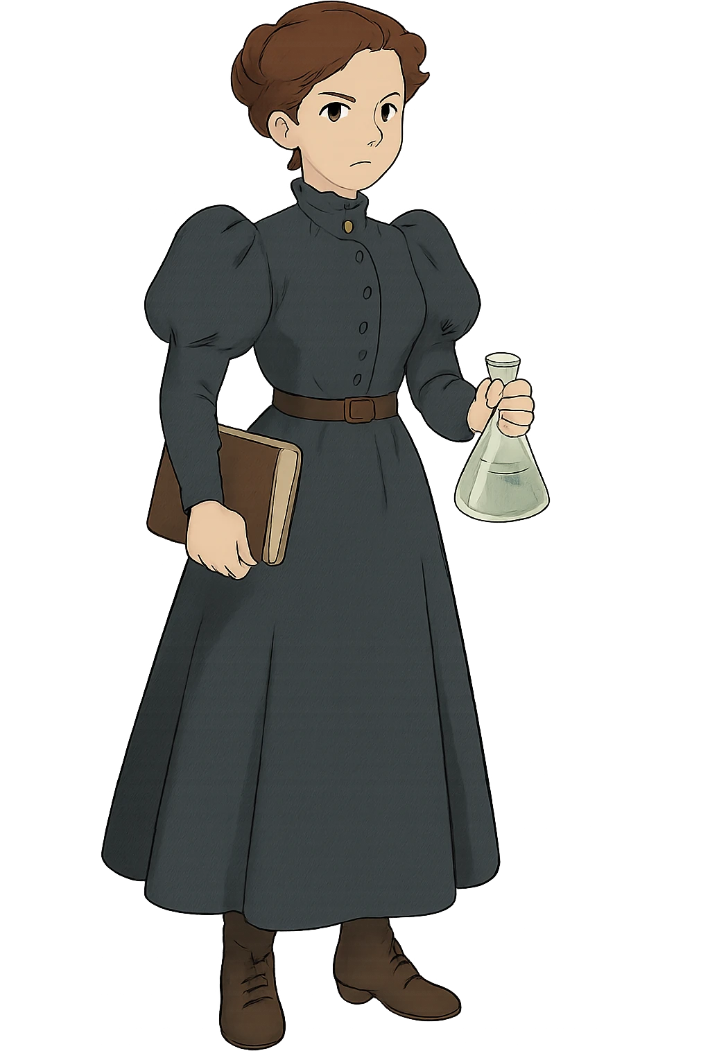 the full body of A female victorian scientist looking serious emoji