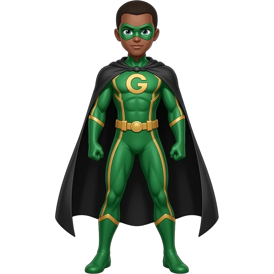 Anime superhero suite brown skin men green and gold lines and green face mask long black cape and letters G on the suite very tall full body emoji