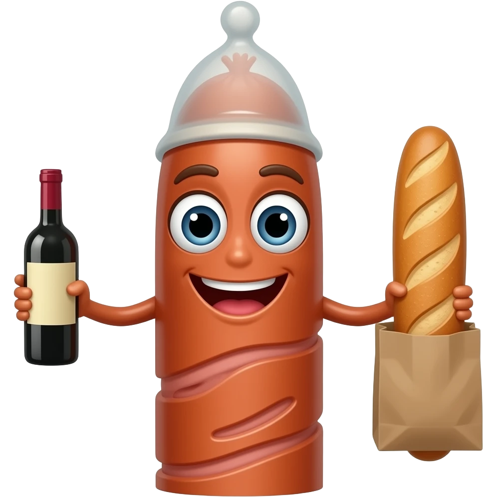 Full Sausage with a condom up to tip. The sausage has arms with a bottle of wine in one hand and a baguette in the other. The condom should look like a real condom emoji