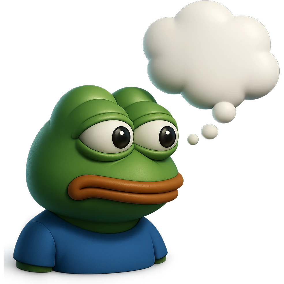 make a pepe with thought bubble looking at left side in 3d style, good highlights and shadows, drop shadows  emoji