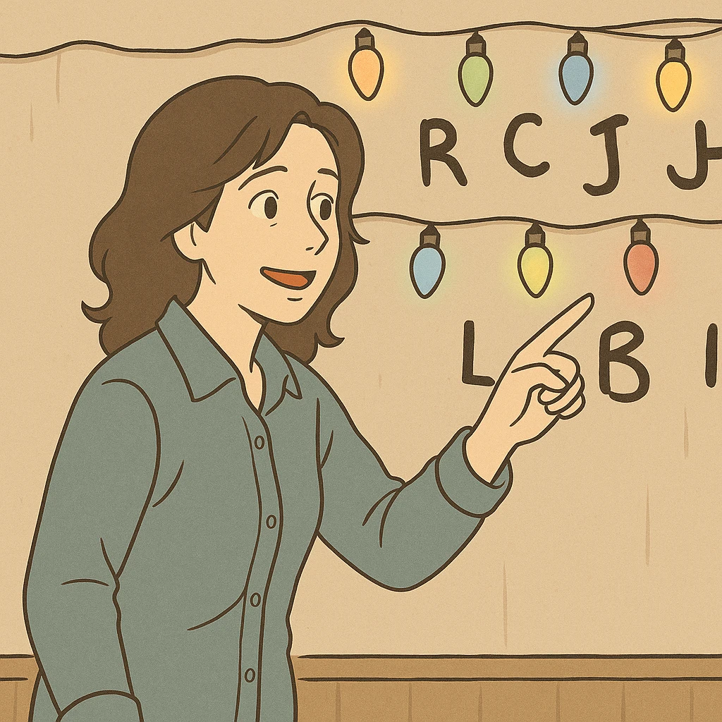 Joyce Byers trying to communicate with Will through Christmas lights on the wall, hopeful expression, standing and pointing at the lights, simple line art, light pastel tones, thick outlines, Ghibli style, 1:1 format emoji