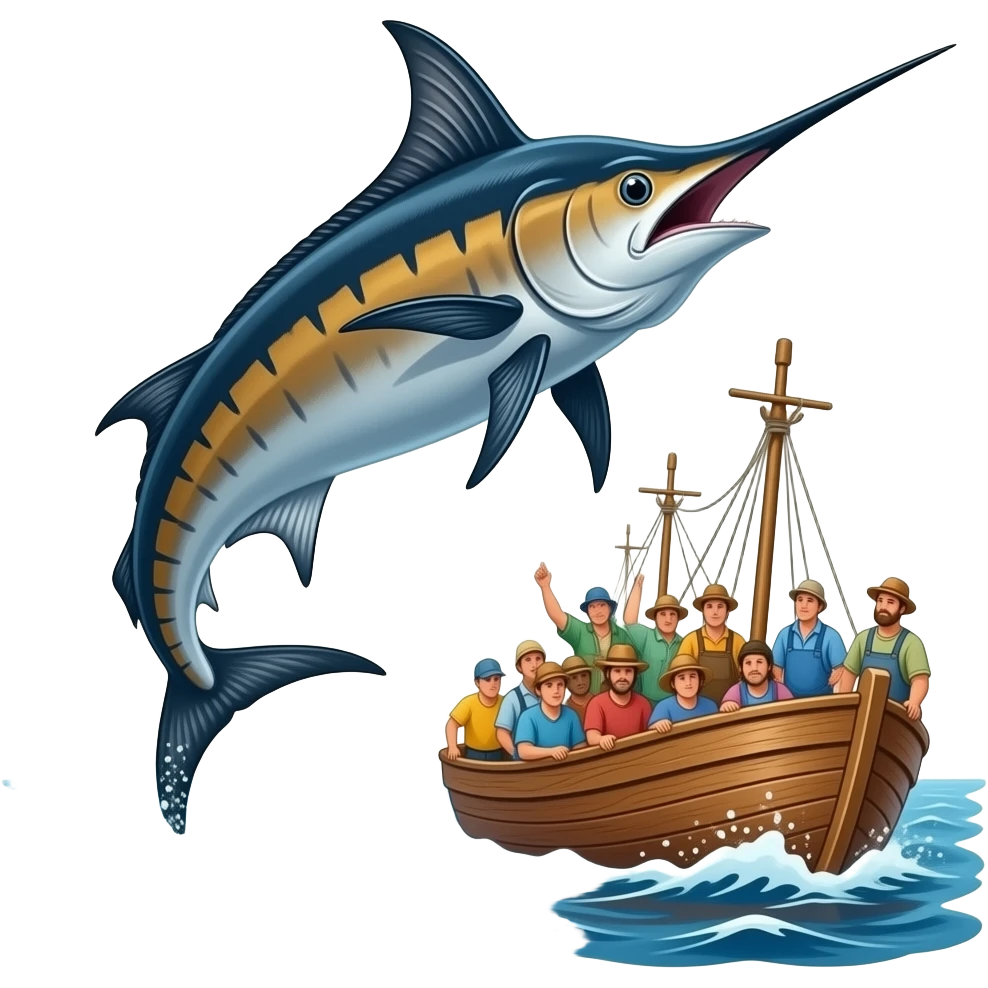 a massive marlin jumping into a boat load of fishermen emoji