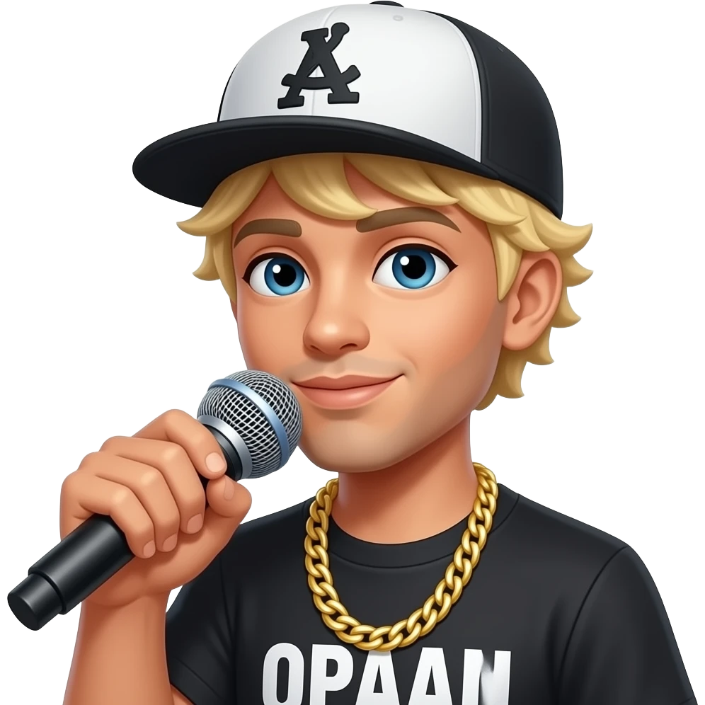 blond rapper holding a mic, wearing a cap and gold chain necklace emoji